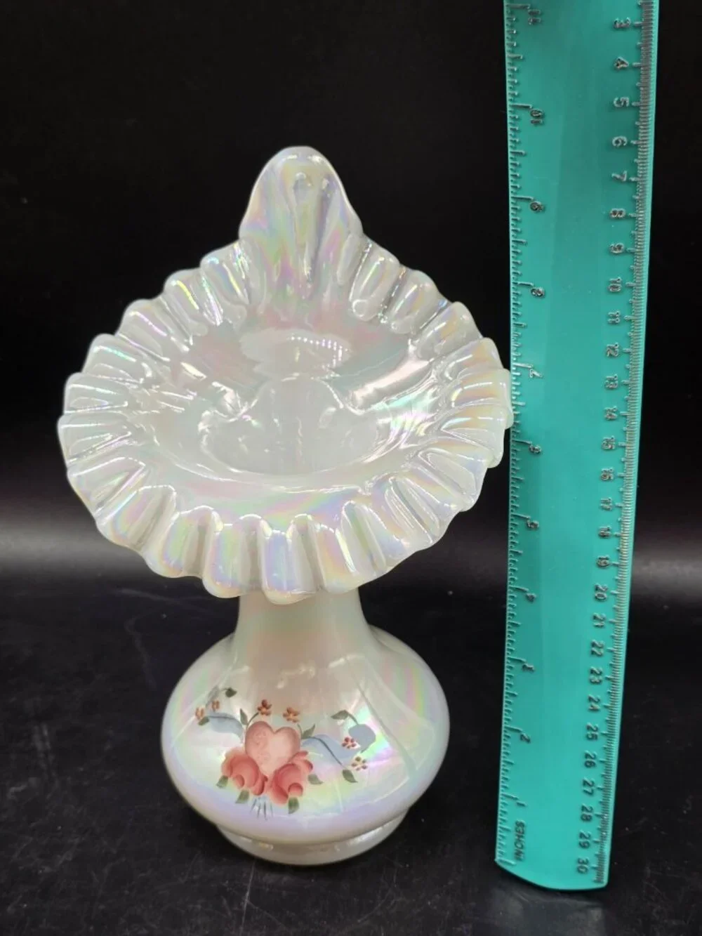 Vintage Fenton White Iridescent Jack in the Pulpit Ruffled Vase Signed, Numbered